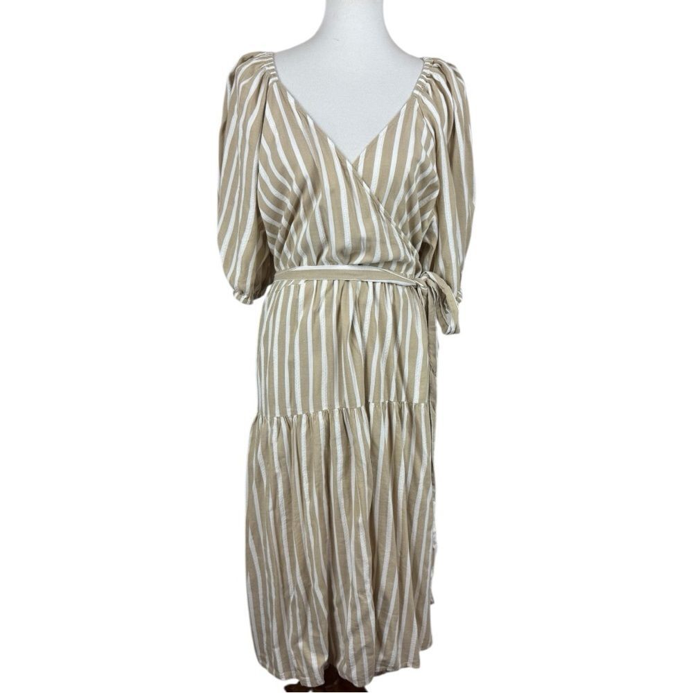 Old Navy Waist Defined Striped Tie Belt Midi Wrap Dress Neutral Size 2X